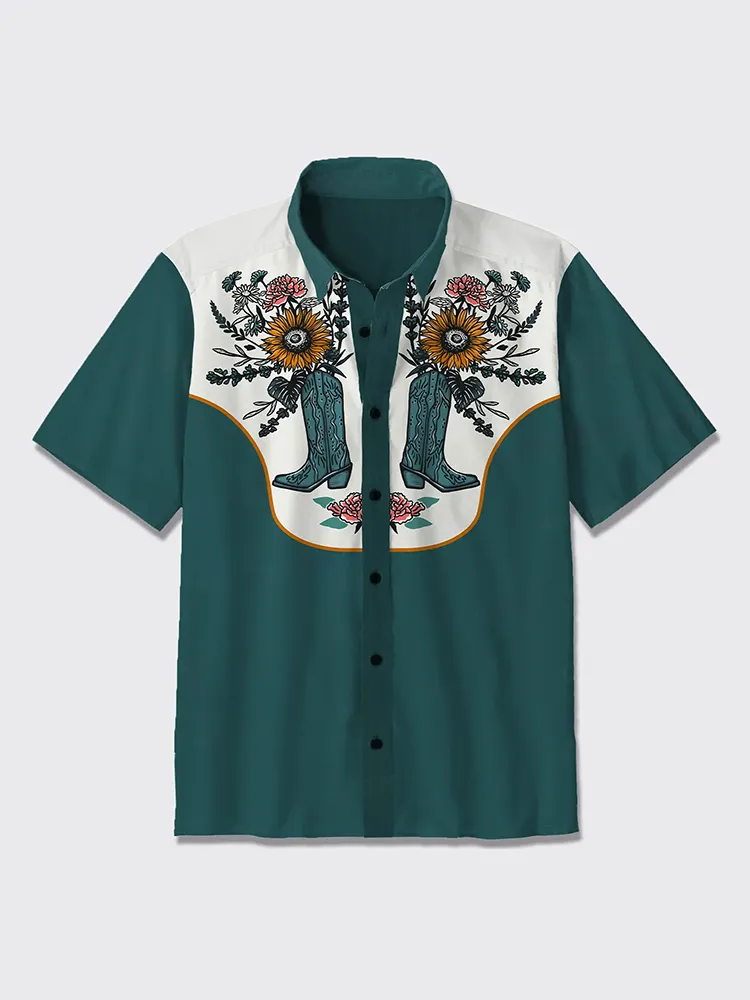 Cowboy Boots Floral Arrangement Button Up Shirt