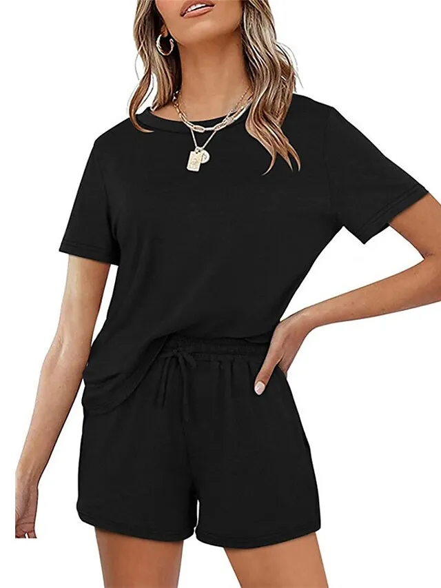 Women's Loungewear Sets Nighty 2 Pieces Pure Color Simple Comfort Home Street Cotton Crew Neck Short Sleeve T shirt Tee Shorts Spring Summer Green Blue