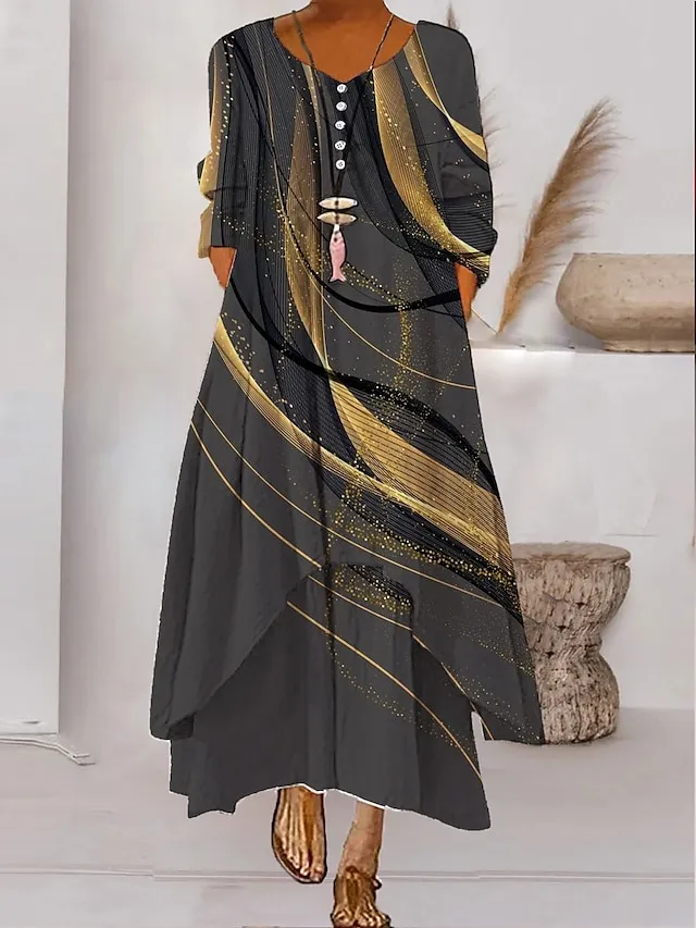 Women's Color Block Long Maxi Dress Button Layered Casual Dress Swing Dress Print Dress Fashion Modern Daily Vacation Weekend 3/4 Length Sleeve Crew Neck Dress Loose Fit Silver Black White