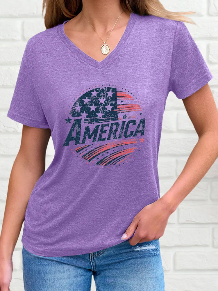 Woman'S America V-Neck And Short Sleeves T-Shirt