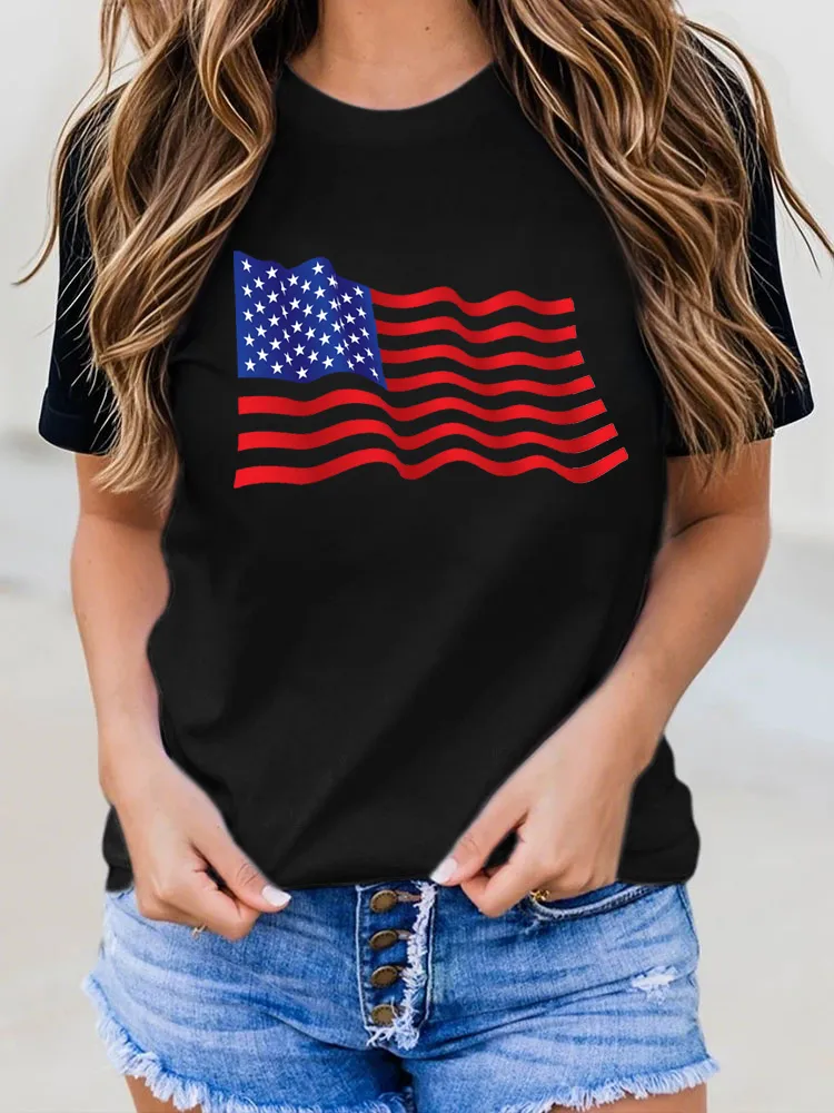 Woman'S Independence Day Flag Print Short-Sleeved T-Shirt