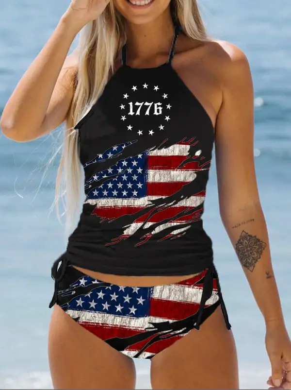 Women'S 1776 Damaged Stars And Stripes Printed Swimsuit Set
