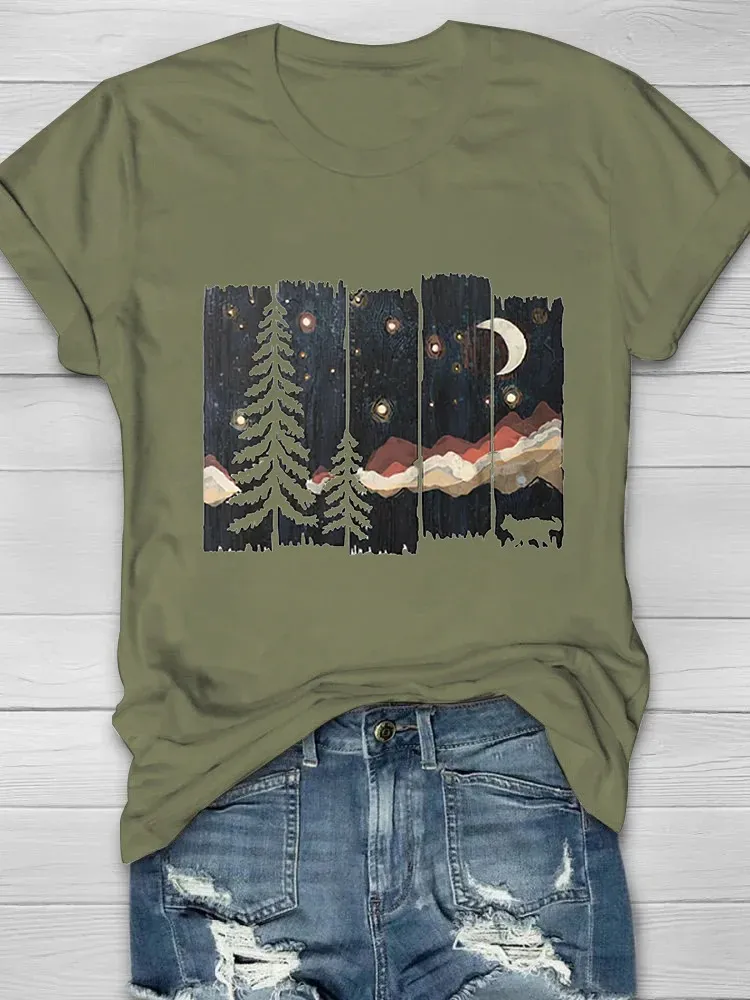 Women's Casual Natural Forest Print Short Sleeve Crew Neck T-Shirt