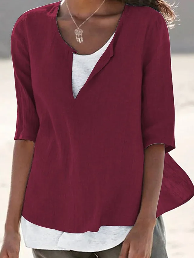 Women's Shirt Blouse Plain Black White Pink Half Sleeve Holiday Casual Beach V Neck Regular Fit