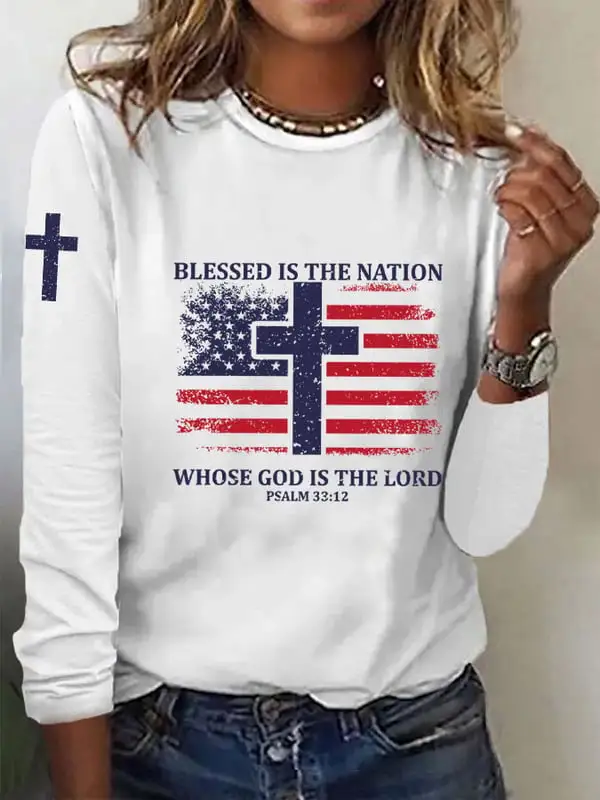 Woman'S Blessed Is The Nation Whose God Is The Lord Round-Neck Long-Sleeve T-Shirt