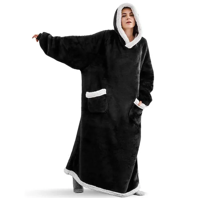 Oversized Wearable Blanket Christmas Flannel Thick Soft Warm Long Hoodie Blanket Big Hooded Sweatshirt Hoodie Blanket for Adults Women Girls Teenagers Teens Men Black