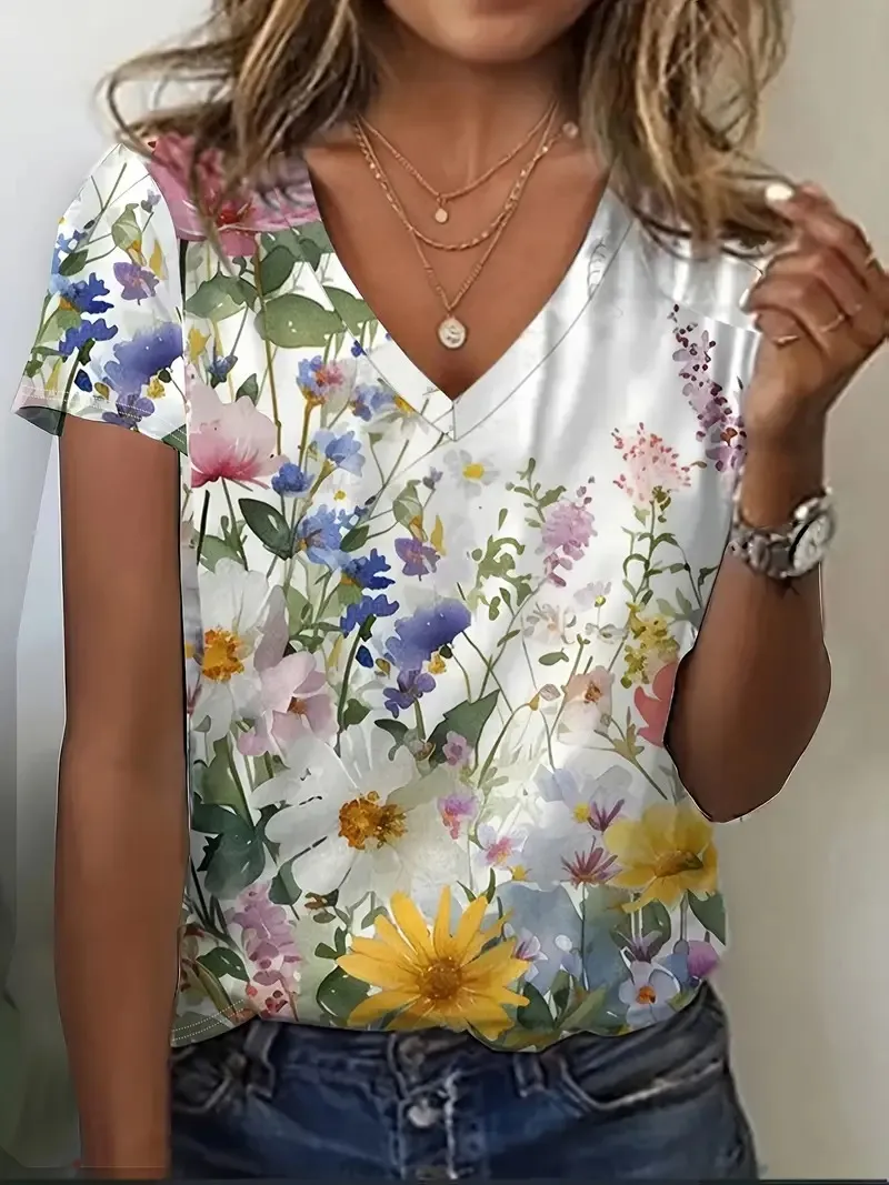 Women's Casual Floral Print Short Sleeve V Neck T-Shirt