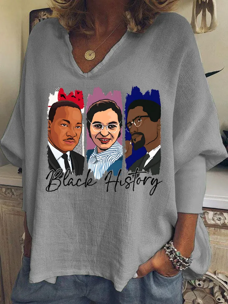 Women'S Black History Patterned Printed V-Neck T-Shirt