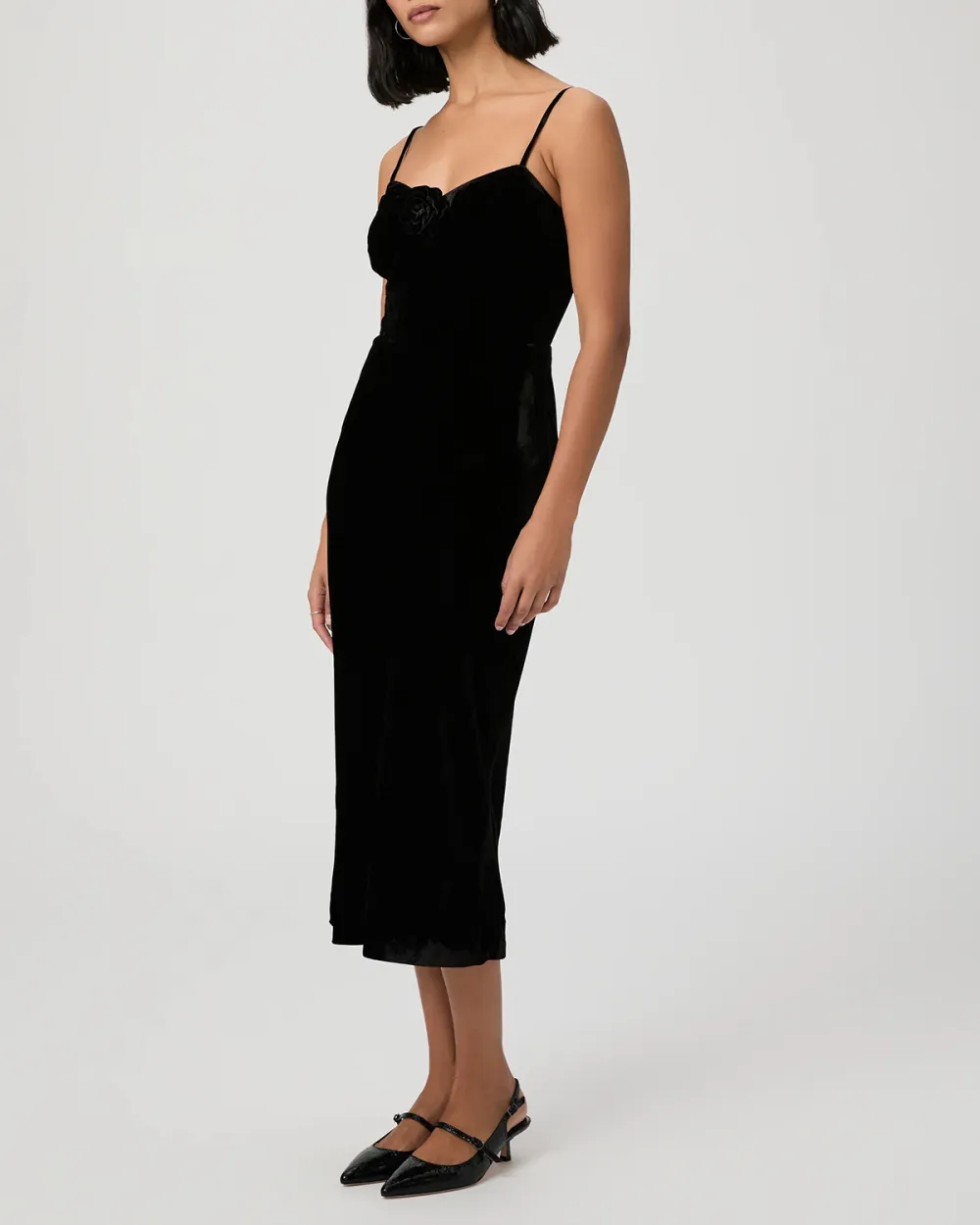 Black Velvet Spaghetti Strap Midi Dress