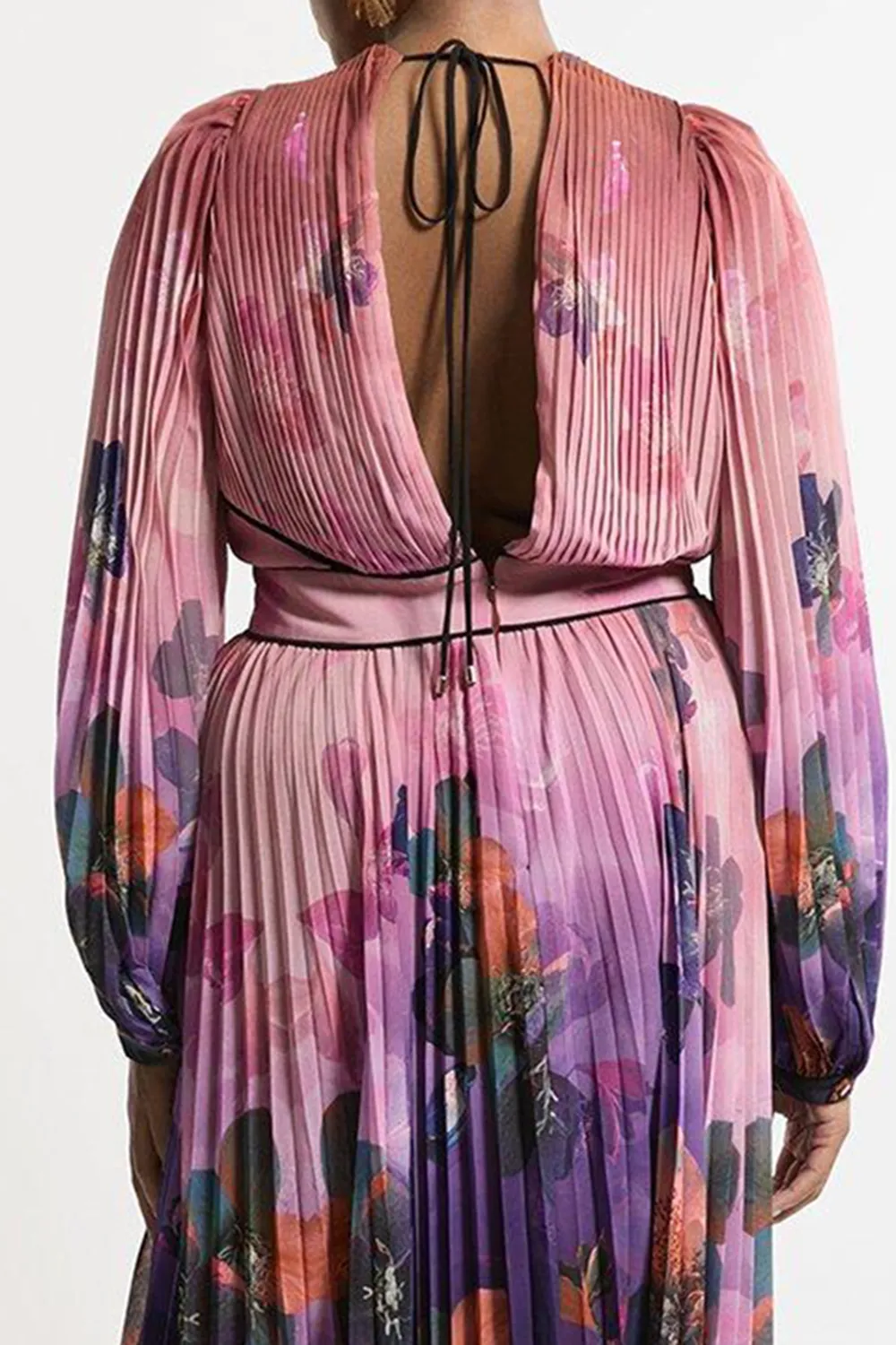 Plus Size Floral Soft Pleated Long Sleeve Maxi Dress