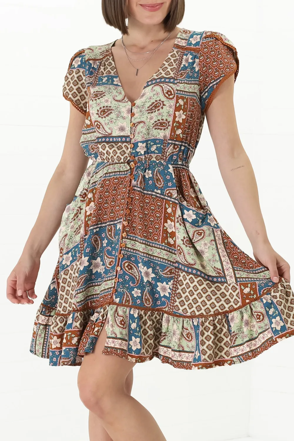 Colorful Patchwork Print V Neck Flared Dress