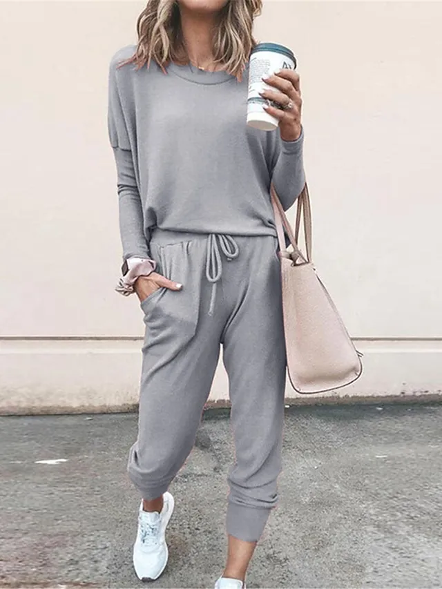 Women's Lounge Sets Crew Neck Long Sleeve Shirt and Elastic Waist Pants with Pockets Pure Color Fashion Casual Soft Home Daily Bed Polyester Breathable Summer Autumn Black Pink