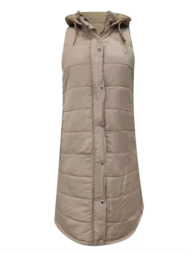 Women's Winter Jacket Long Puffer Vest Fall Maillard Outdoor Street Daily Winter Fall Long Coat Regular Fit Windproof Warm Casual Jacket Sleeveless Solid Color Khaki Red White