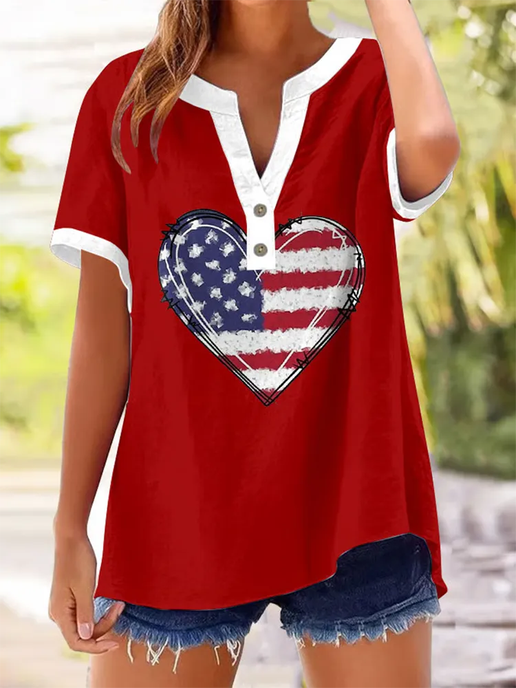 Women'S Heart-Shaped Star-Striped Printed V-Neck Long-Sleeved Shirt