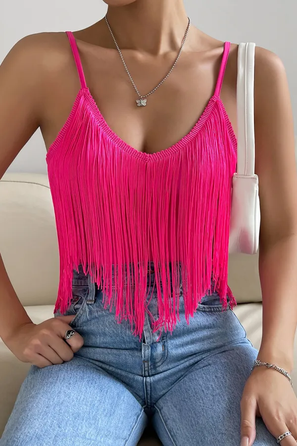 Summer Beach Solid Fringe Trim Cami Bodycon Top