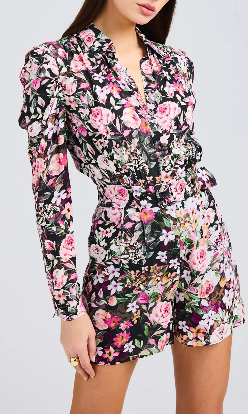 Floral Long Sleeve Lapel Short Dress