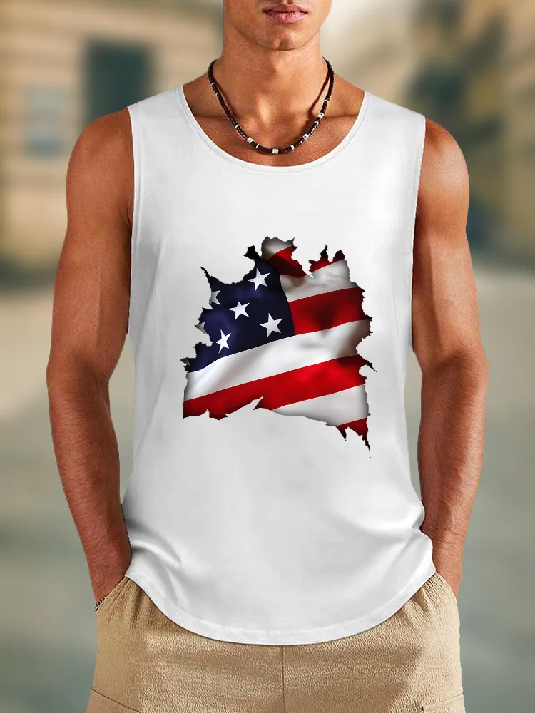Men'S Damaged Stars And Stripes Print Round-Necked Sleeveless Vest