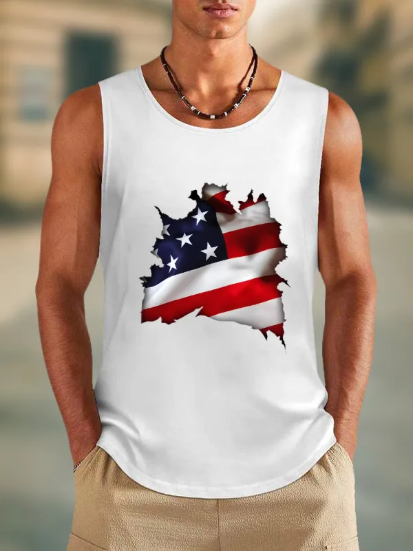 Men'S Damaged Stars And Stripes Print Round-Necked Sleeveless Vest