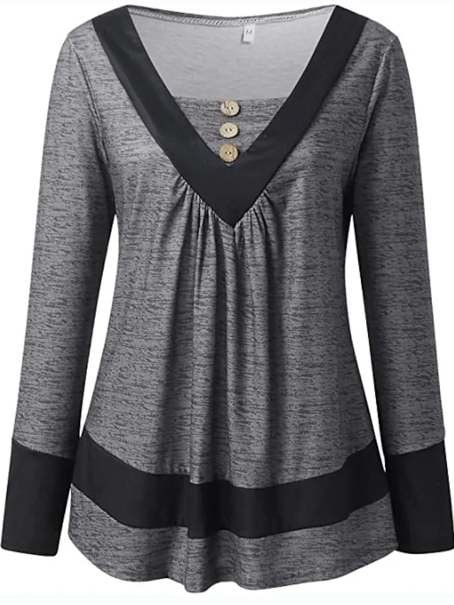 Women's Plus Size T shirt Tee Color Block Blue Orange Green Button Flowing tunic Long Sleeve Casual Weekend Basic V Neck Regular Fit Fall & Winter