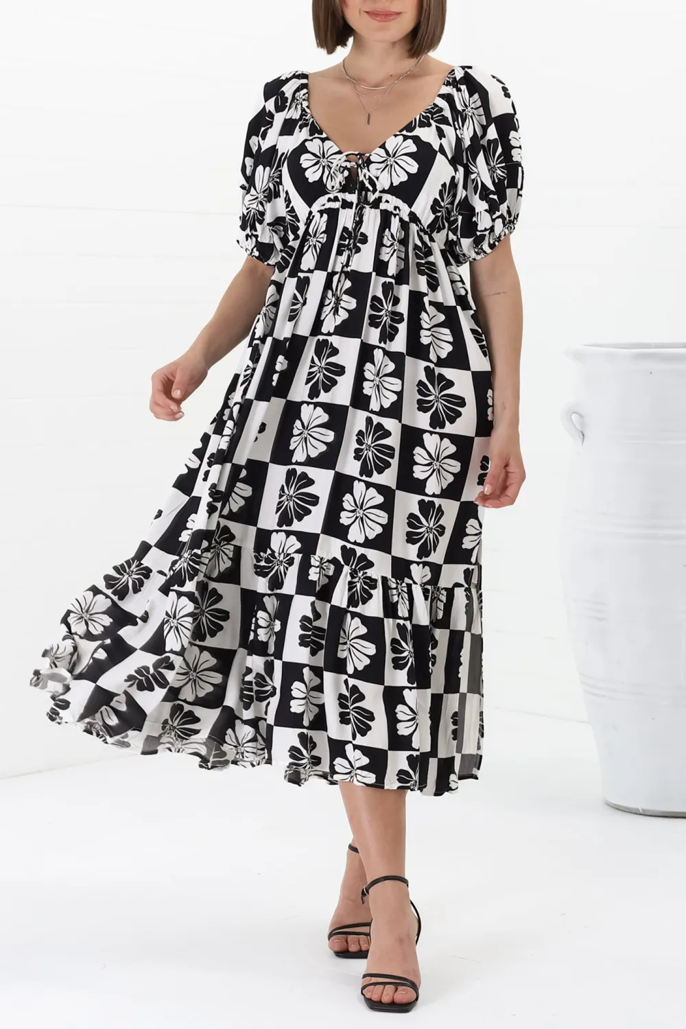 Black Checkered Puff Sleeve Midi Dress