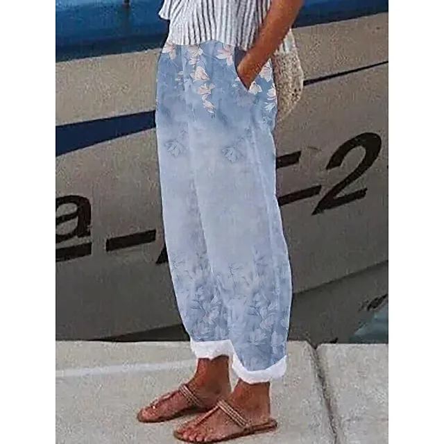 Women's Wide Leg Pants Trousers Baggy Ankle-Length Faux Linen Side Pockets Baggy Micro-elastic Mid Waist Fashion Designer Casual Weekend Gray Green White / Black S M