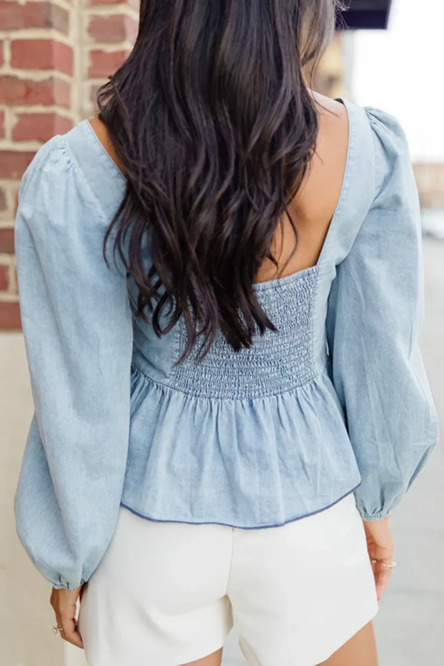 Medium Wash Corset Front Chambray Blouse