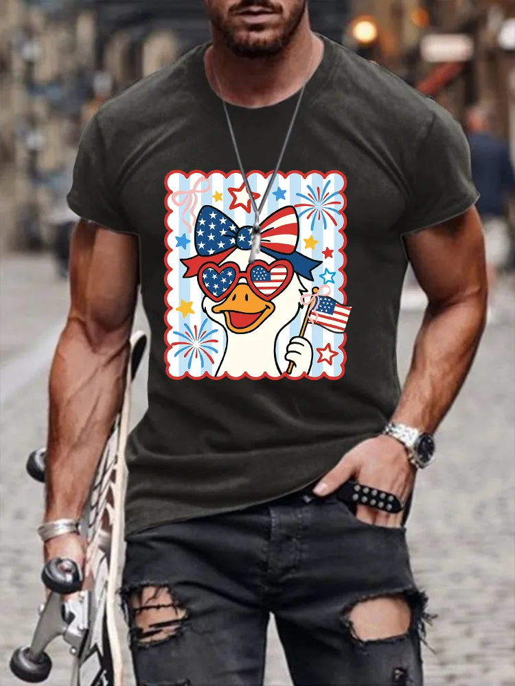 Men'S Independence Day Big White Goose Bow National Flag Round-Neck Short-Sleeved T-Shirt