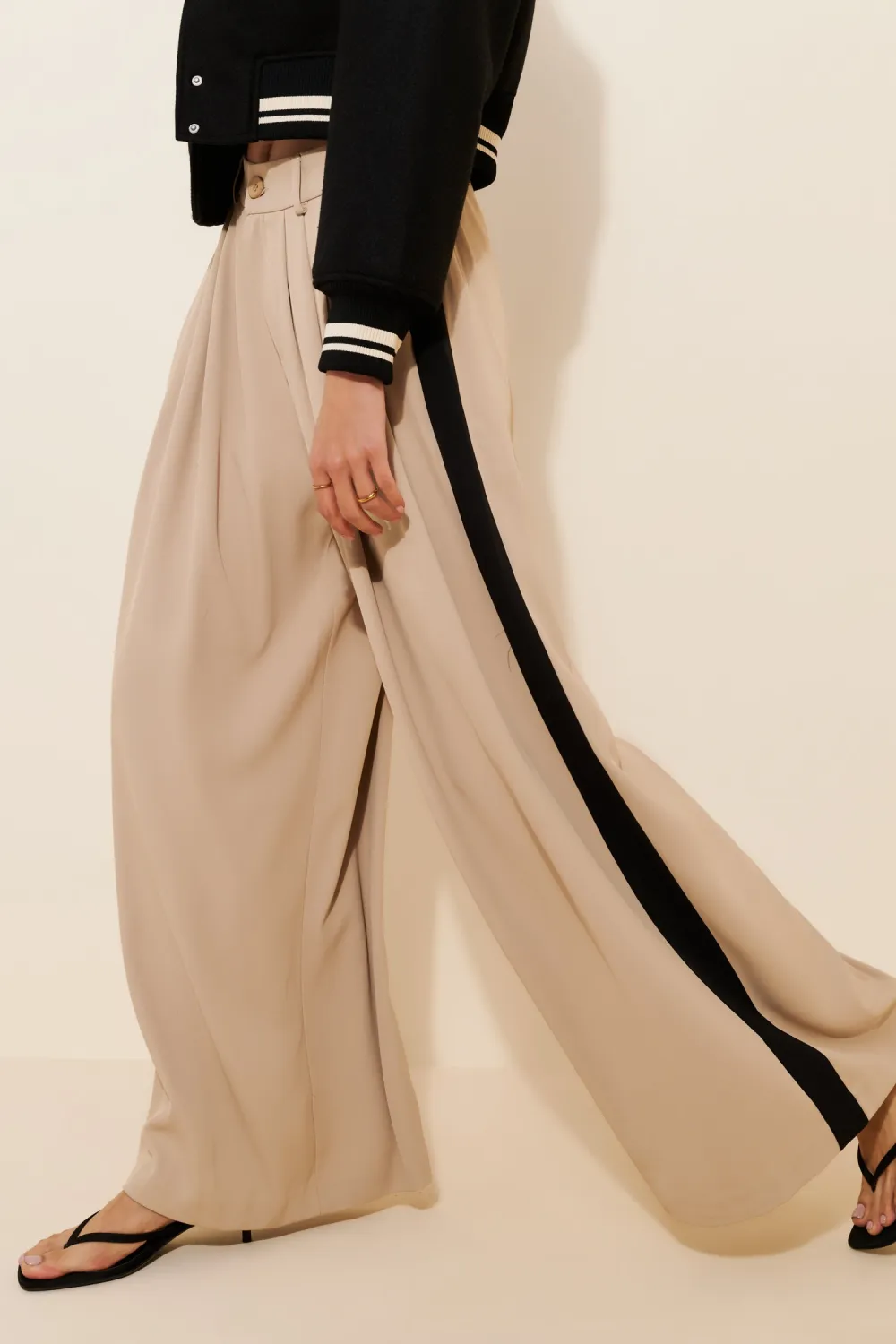 High Waist Pleated Palazzo Pants In Stone & Black