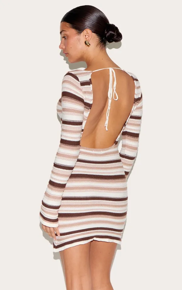 Petite Cream Knitted Stripe Long Sleeve Mini Dress