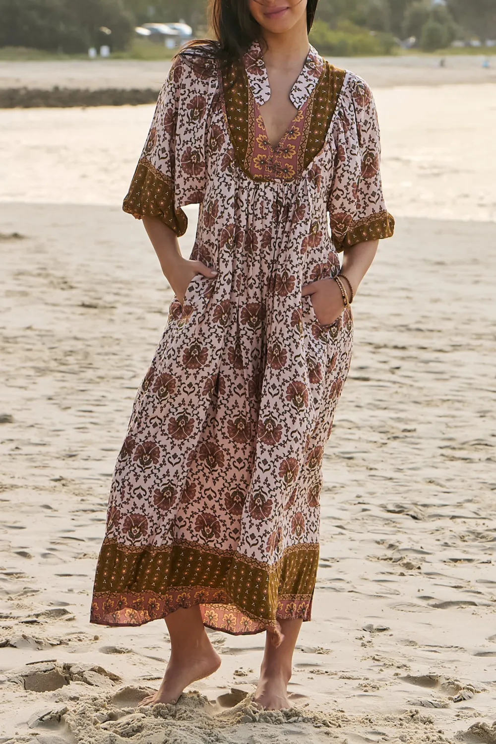 Brown Patterned V Neck Half Sleeve Maxi Dress