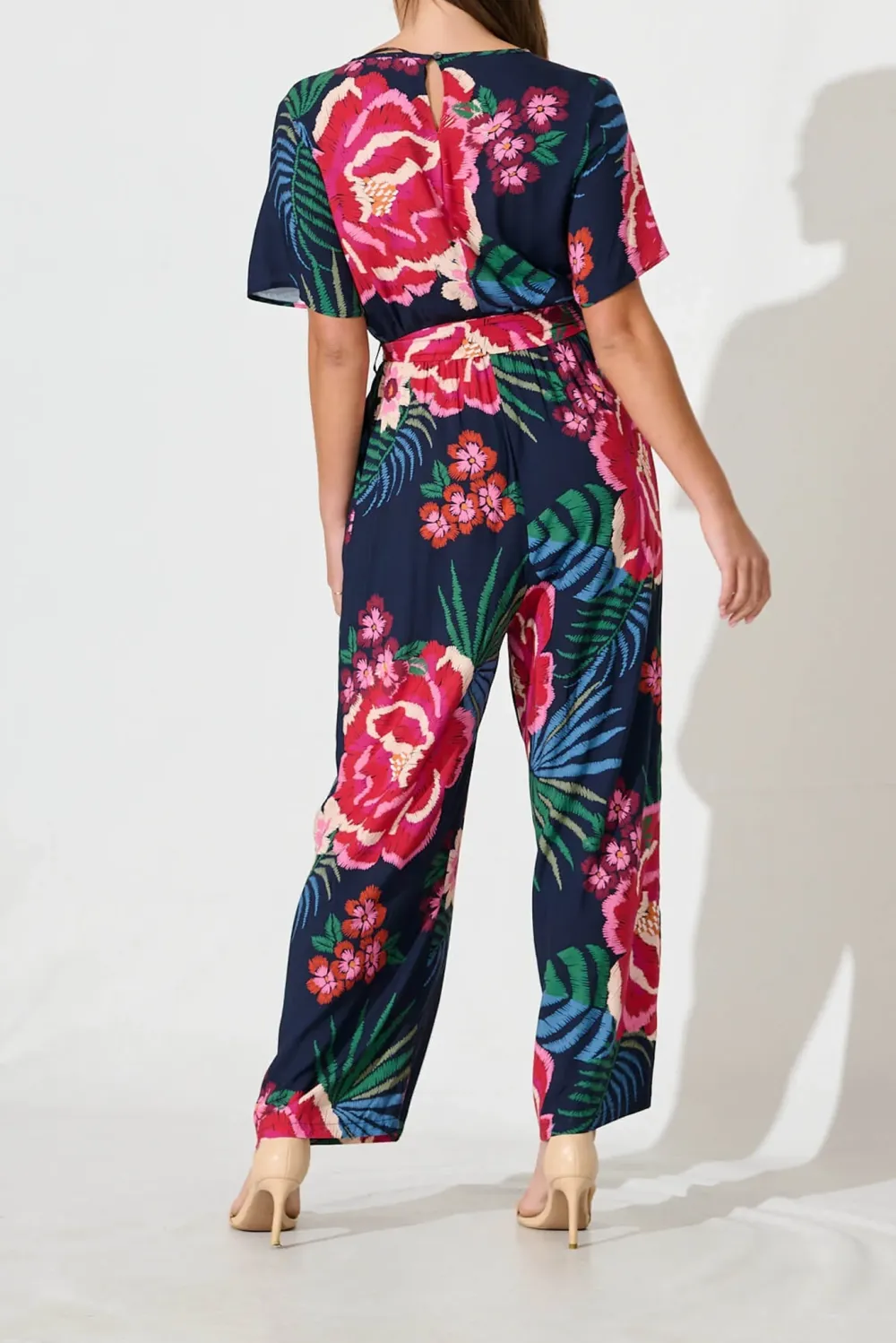Navy Blue Floral Print Wrap Style Jumpsuit