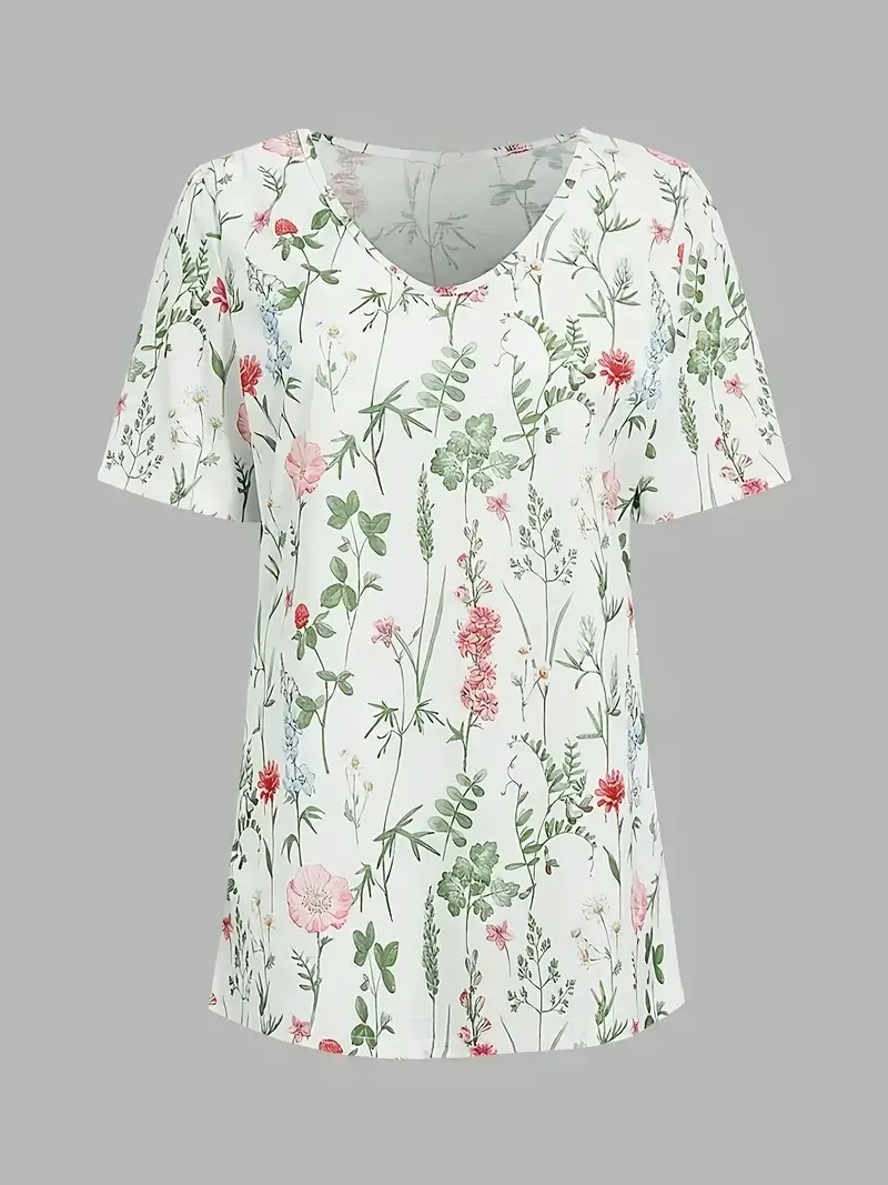 Women's Casual Floral Print Short Sleeve V Neck T-Shirt