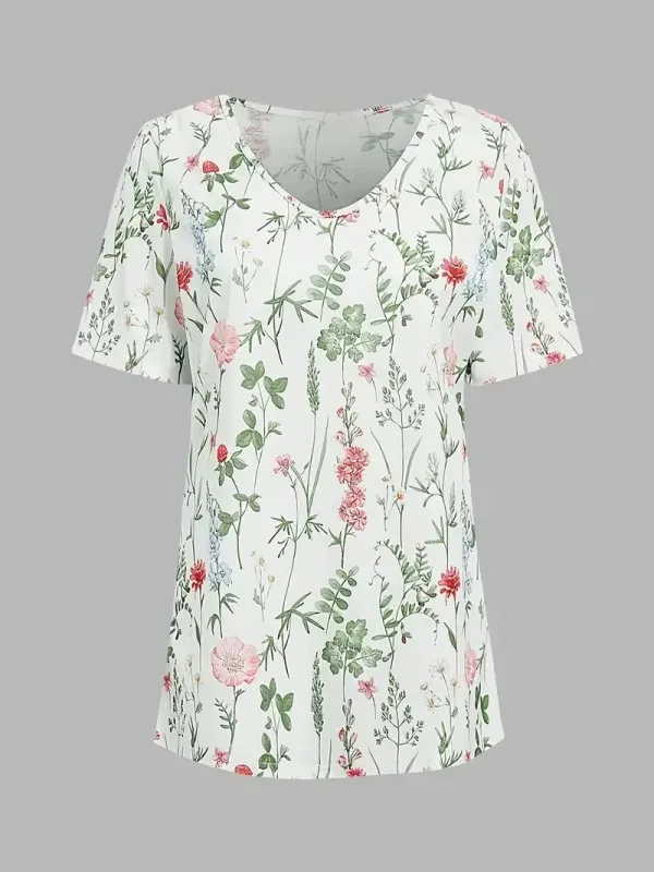 Women's Casual Floral Print Short Sleeve V Neck T-Shirt
