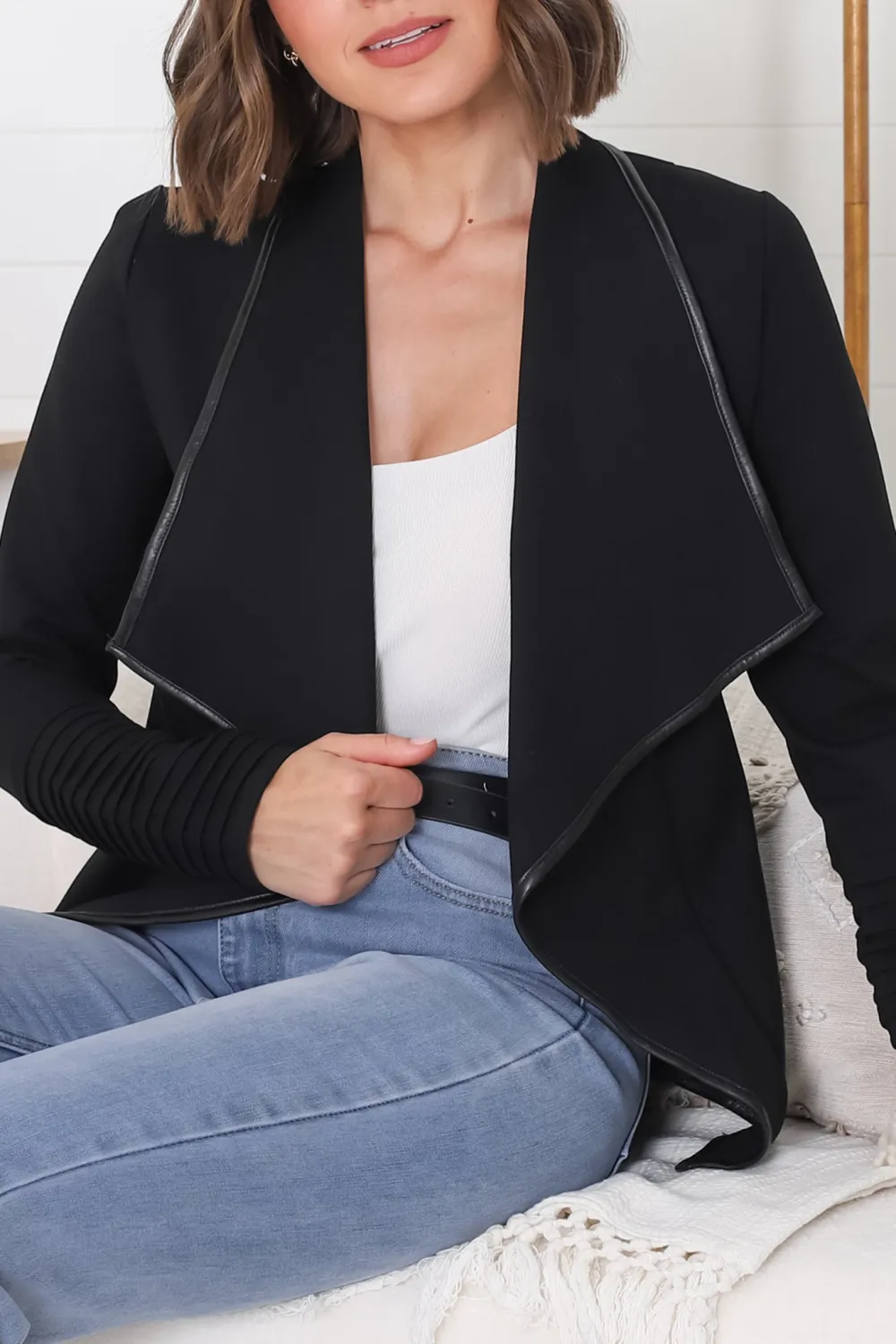 Faux Leather Trim Lapel Collar Jacket