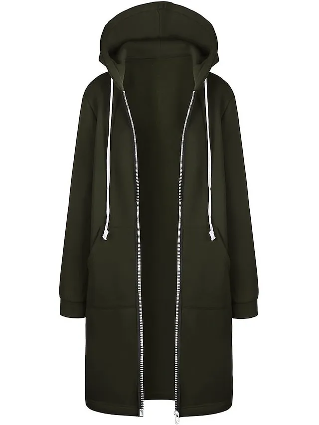 Women's Casual Jacket Fall Windproof Hoodie Jacket with Pockets Casual Workout Regular Long Coat Warm Stylish Long Sleeve Plain Black Pink Wine Sport Street