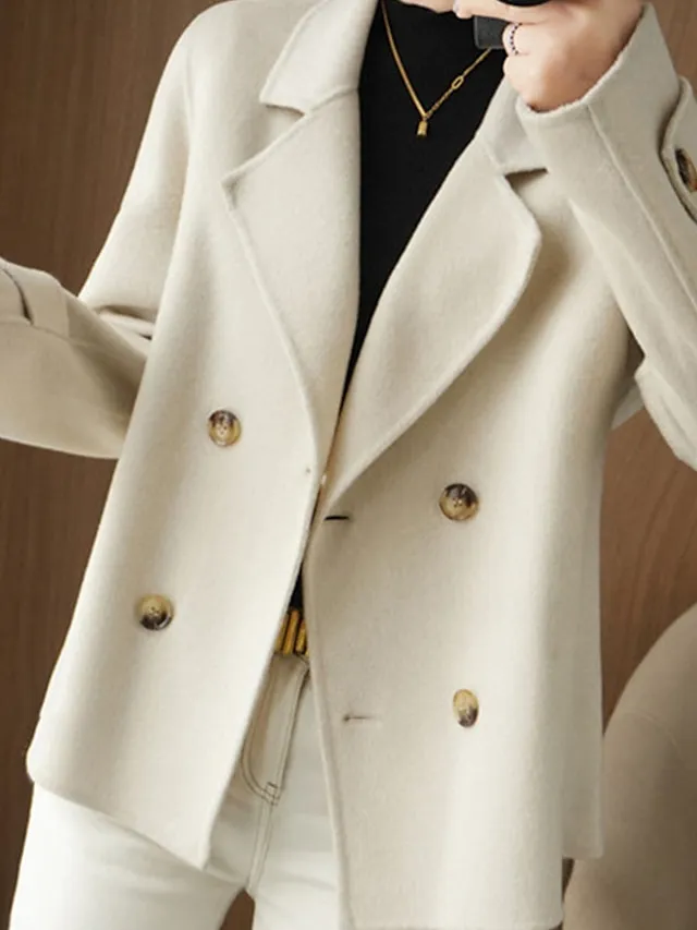 Women's Winter Blazer Coat Fall Double Breasted Lapel Jacket Wool Blend Short Coat with Pockets Warm Black White Camel