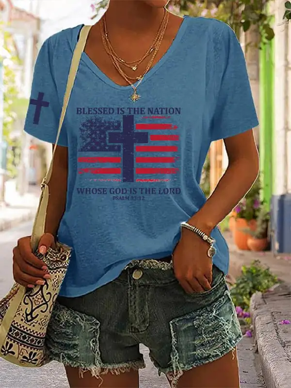 Woman'S Blessed Is The Nation Whose God Is The Lord Short-Sleeve V-Neck T-Shirt