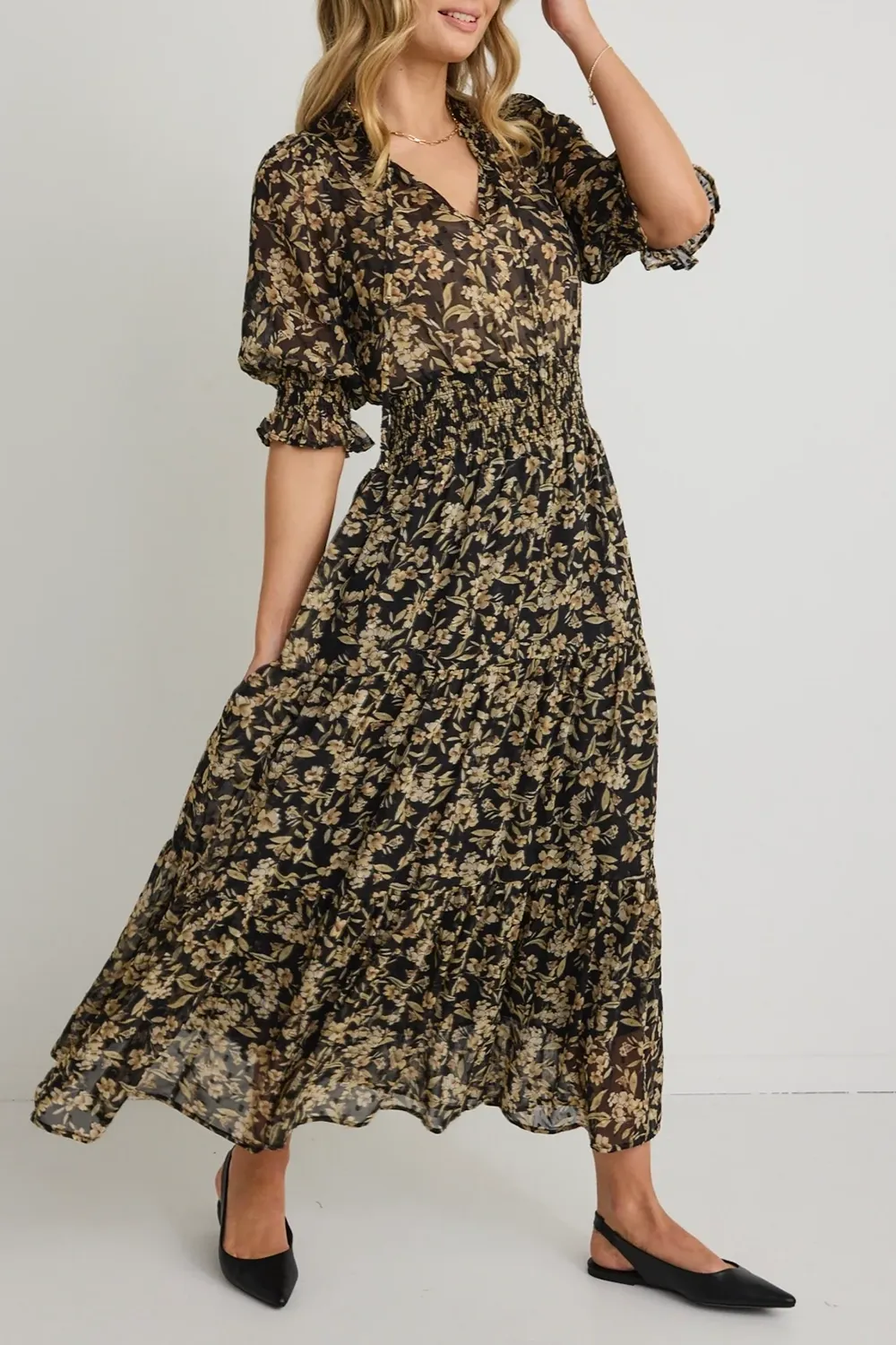Floral Print Shirred Elastic Midi Dress