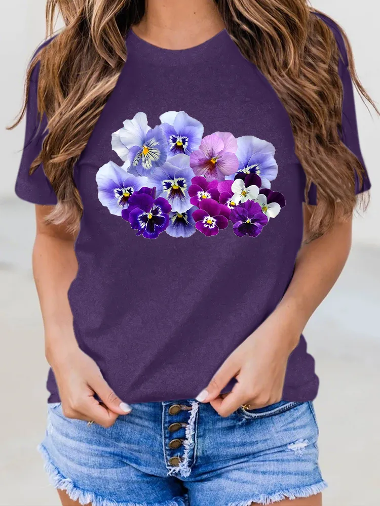 Women'S Floral Printed Alzheimer'S Awareness Round-Neck T-Shirt