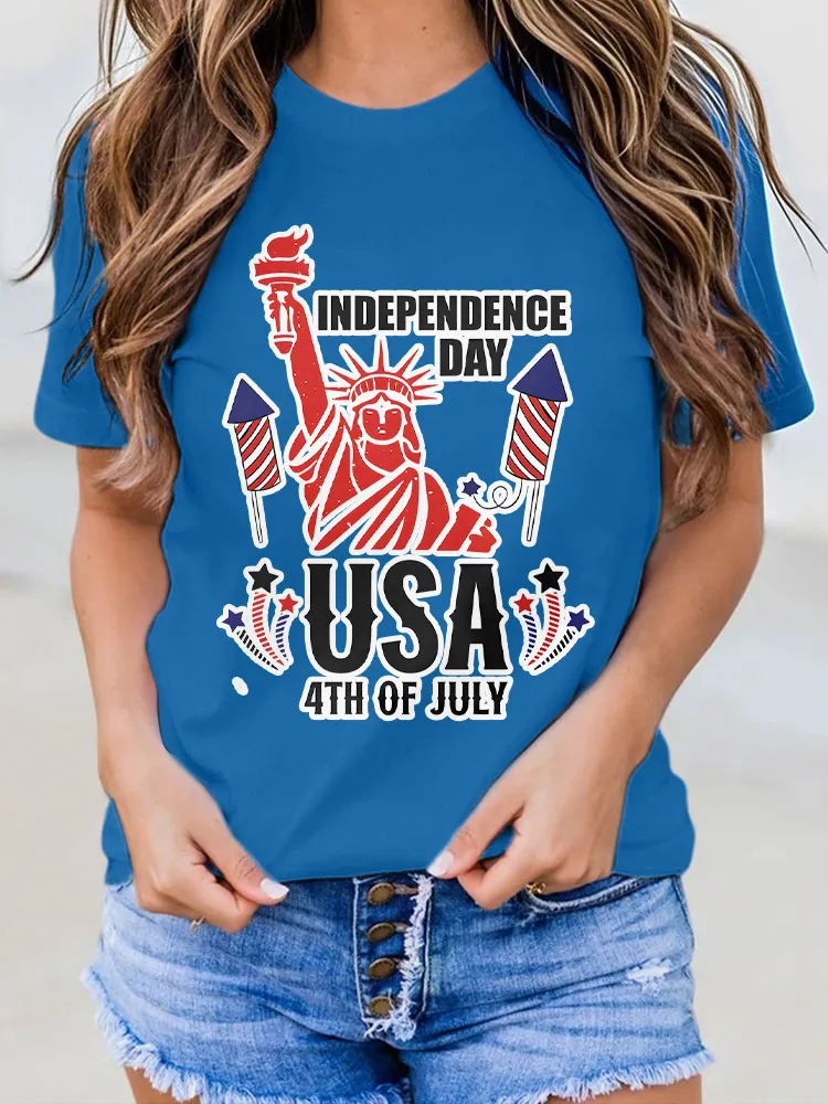 Woman'S Independence Day USA 4Th Of July Round-Neck Short-Sleeved T-Shirt