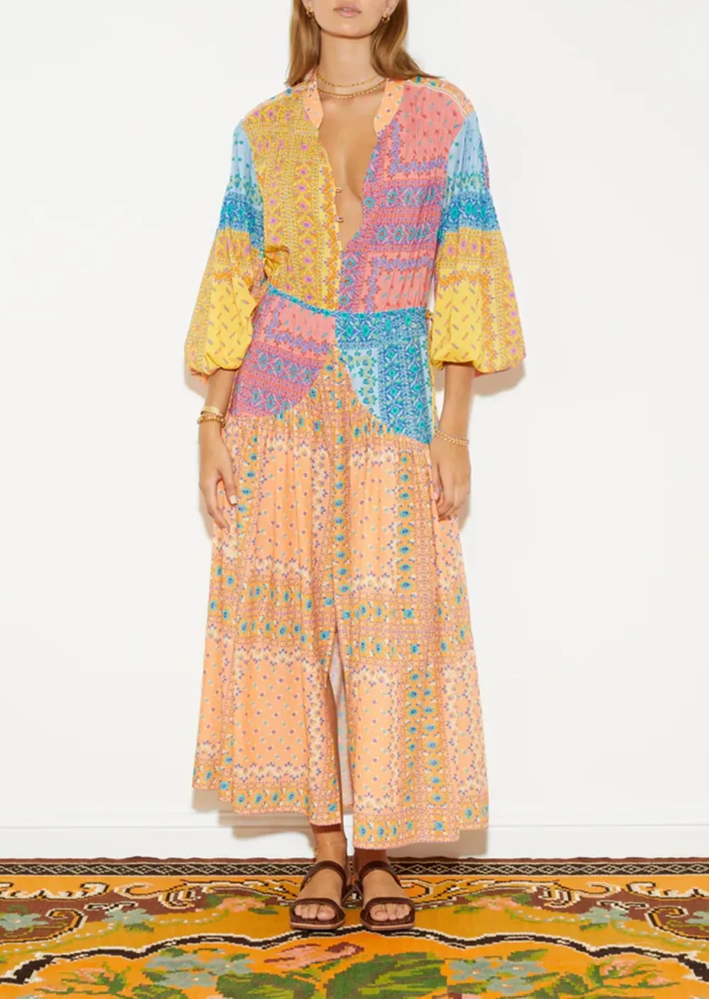 Patchwork Puff Seeve Maxi Smock Dress