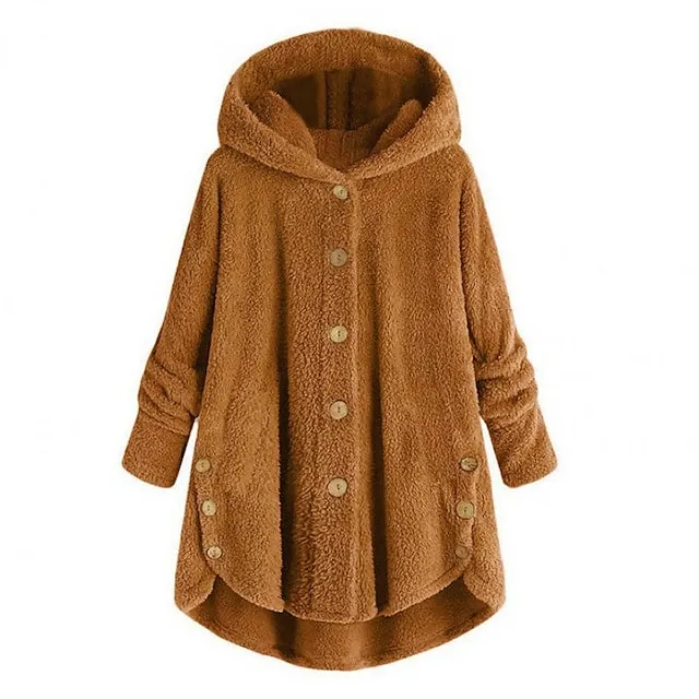 Women's Fleece Jacket Fleece Sports Pullover Sherpa Fleece Button Front Pocket claret turmeric Black Solid Color Street Casual Hoodie Plus Size Long Sleeve Top Fleece lined Micro-elastic Fall & Winter