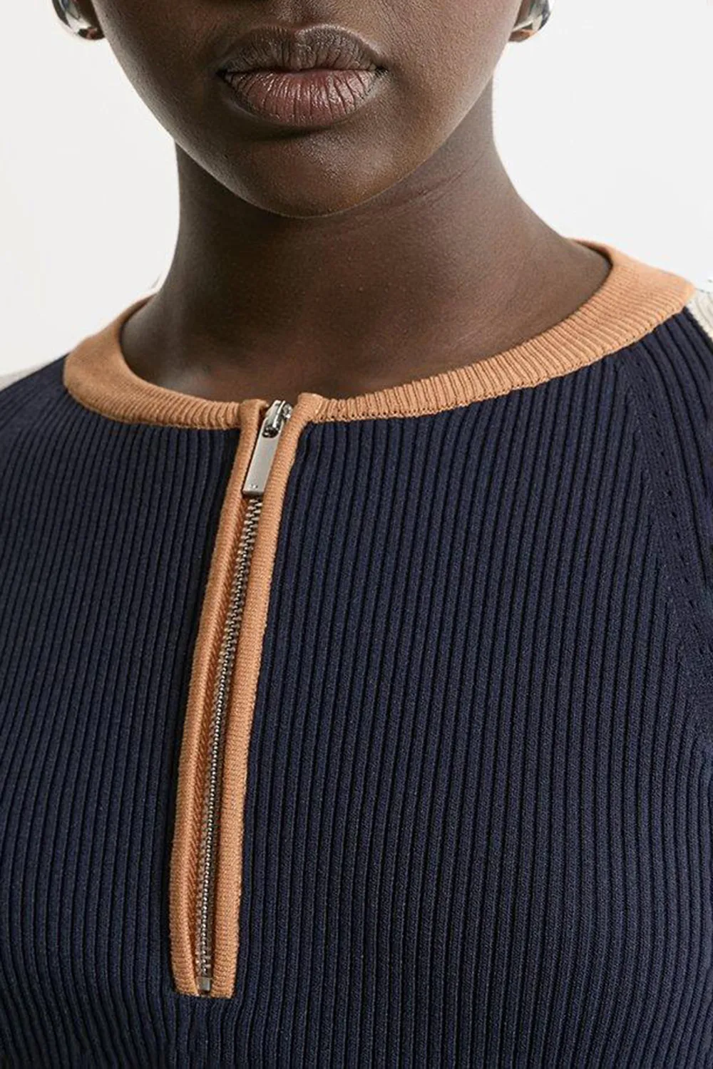 Rib Knit Half Zip Cuff Detail Top