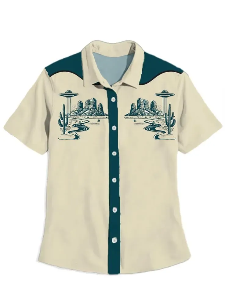 Western Vintage Cactus Spaceship Short Sleeve Shirt