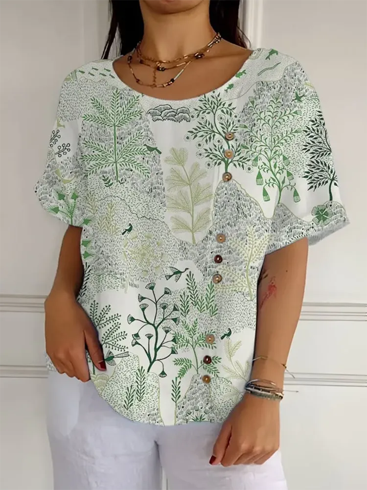 Women'S Casual Forest Animal Plant Flower Cotton And Linen Shirt