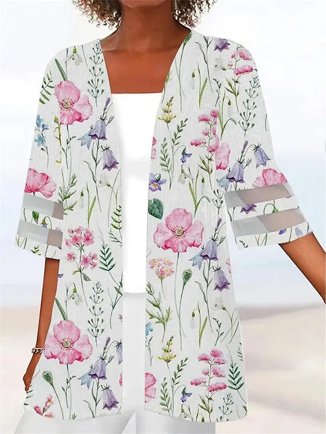 Women's Jacket Casual Jacket Outdoor Patchwork Floral Breathable Fashion Regular Fit Outerwear 3/4 Length Sleeve Summer Light Pink S