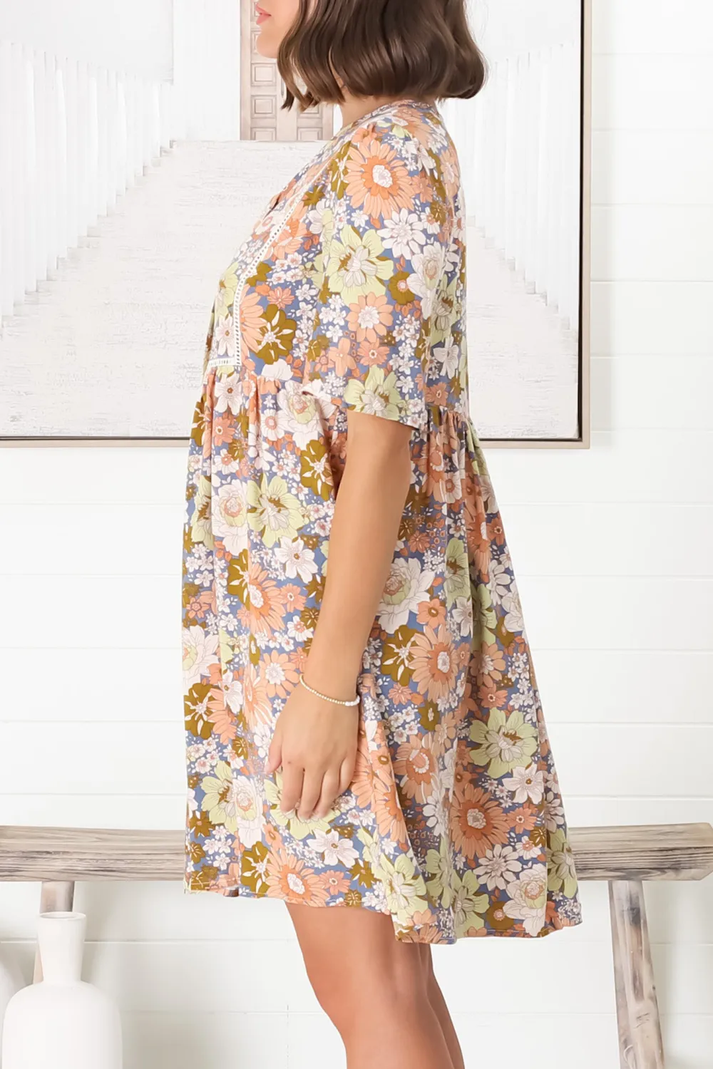 Colorful Floral Print V Neck Short Sleeve Dress