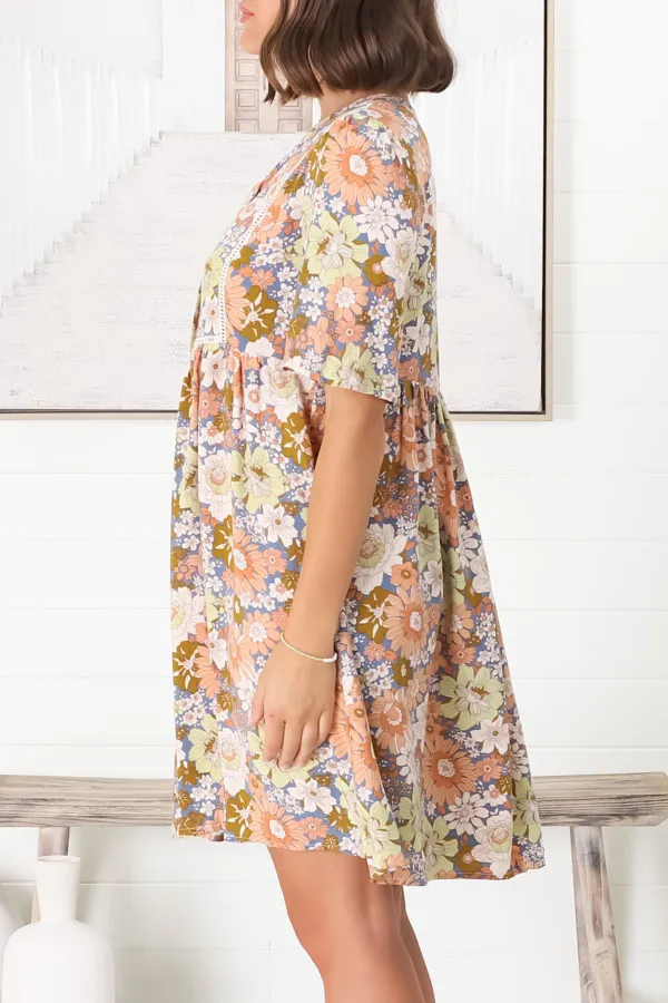 Colorful Floral Print V Neck Short Sleeve Dress