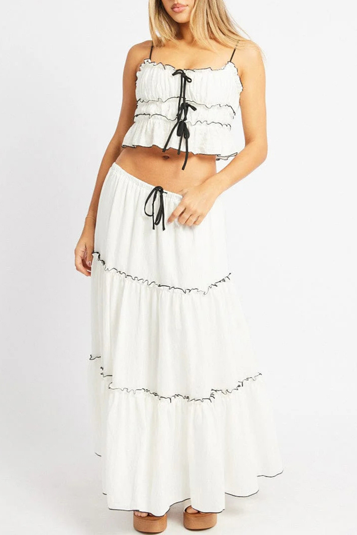 White Tiered Cami Top Sleeveless Front Ribbon