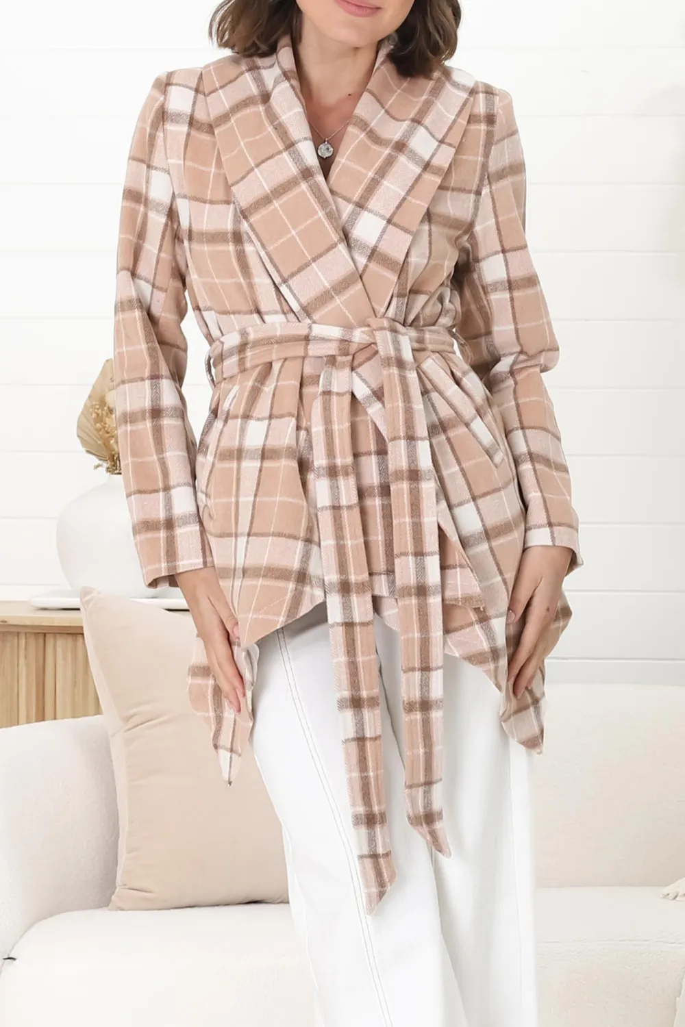 Beige Plaid Belted Wrap Jacket